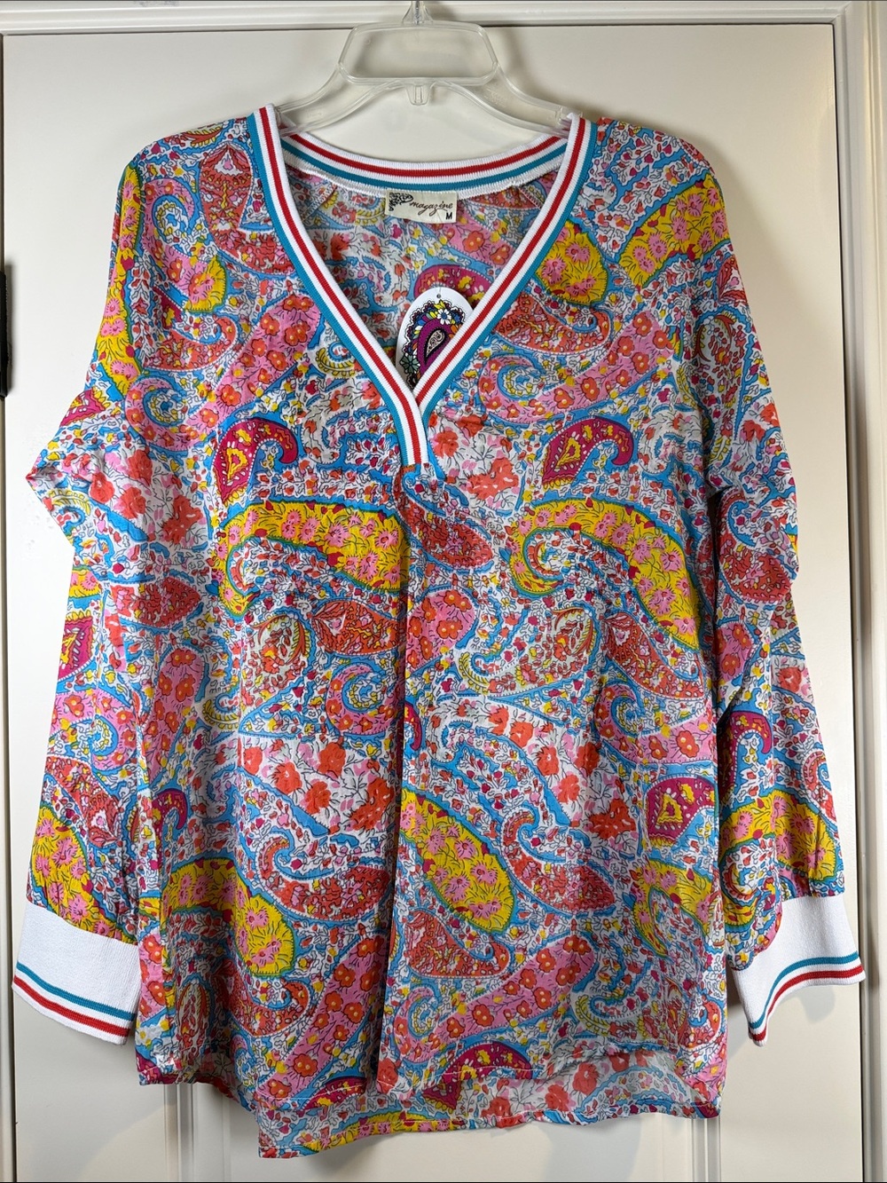 Magazine - Vibrant Paisley V-Neck Long Sleeve Top - Multicolor - Size M